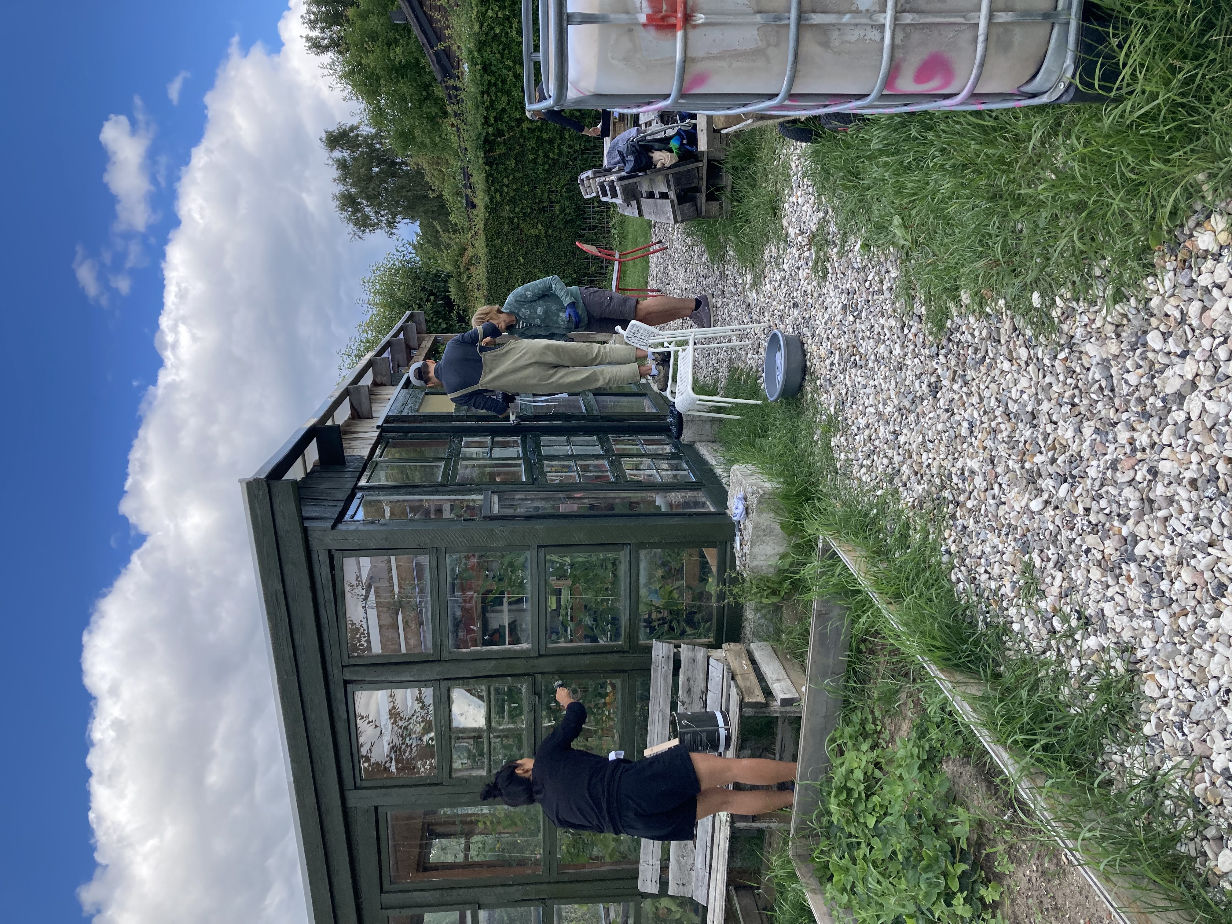 Medlemmer p en havedag ved drivhuset
